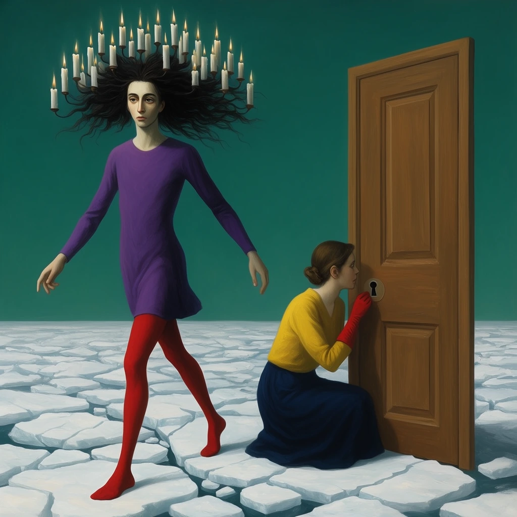 A surrealist painting of a slender figure striding across cracked white ice floes against a flat teal-green background. The primary figure wears a purple tunic and red tights, their wild dark hair holding dozens of lit white candles. Nearby, a kneeling woman in a yellow top, dark blue skirt, and red gloves peers through the keyhole of a freestanding paneled wooden door. The dreamlike scene is rendered with smooth brushwork, stark lighting, and a deeply contrasting color palette.