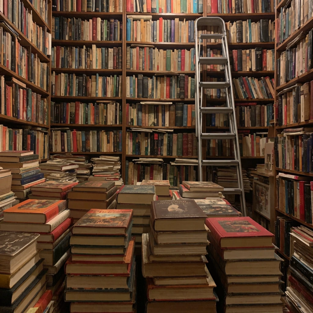 A warmly lit, densely packed library featuring... | Krea