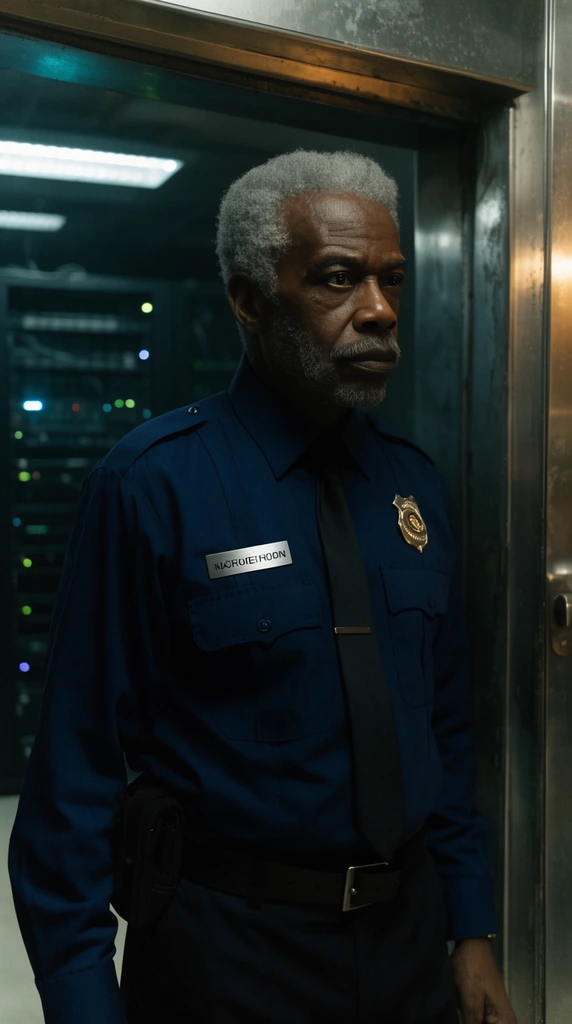 An older Black man with graying hair stands near a metallic doorway wearing a dark blue security uniform with a silver nameplate. Behind him is a dimly lit server room. The cinematic, moody lighting highlights his serious expression.