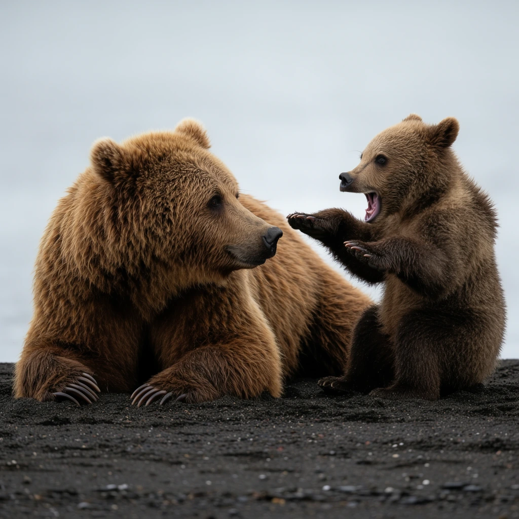 An adult brown bear and its cub interact on a dark volcanic sandy shore. The massive adult rests on its belly, long claws extended across the textured black sand, turning its head to observe the cub. Sitting upright on its hind legs to the right, the fuzzy cub raises its front paws with an open mouth in a playful roar. Both bears display thick, shaggy brown fur illuminated by soft, diffused overcast light. This sharp, high-resolution wildlife photograph utilizes a shallow depth of field, isolating the highly detailed subjects against a smooth, featureless pale grey background.