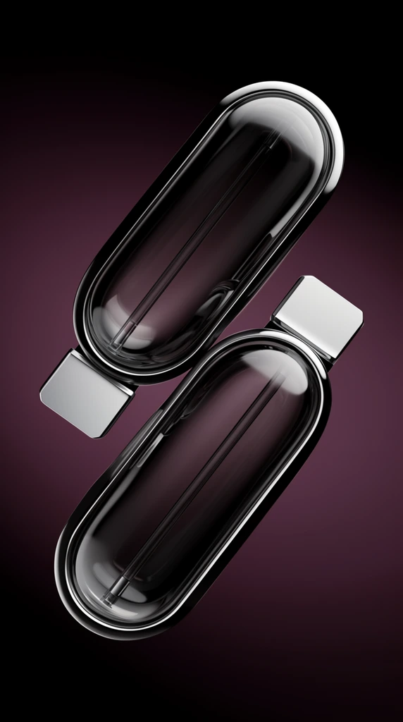 two symmetrical dark glossy oval glass containers meeting on a diagonal axis, thick chrome edges, rectangular silver caps at outer ends, thin internal tubes visible inside dark transparent bodies, smooth deep plum and black gradient background, sleek minimalist product design, hyper-realistic 3D render, glossy reflections, dramatic studio lighting