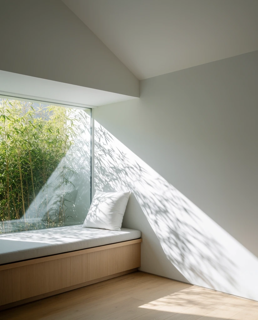 A minimalist interior featuring a built-in light wood window seat bathed in strong natural sunlight. The bench, topped with a pale grey cushion and a single white pillow, sits beneath a large window revealing lush green bamboo. Angled sunlight casts sharp geometric shapes and intricate dappled leaf shadows across pristine white walls and a light wood plank floor. The clean architectural space features a sloped ceiling, crisp lines, and a neutral palette defined by the striking interplay of light and crisp shadows.