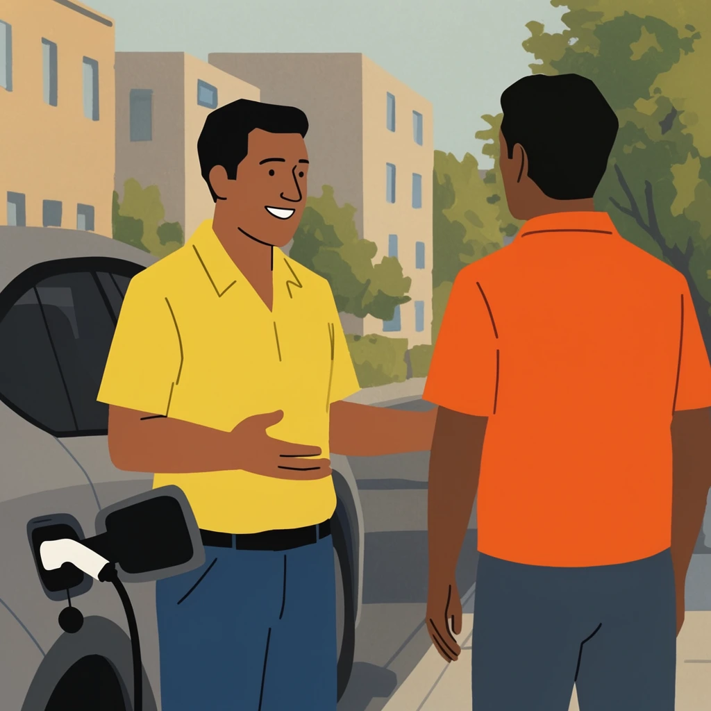 A flat, rotoscoped illustration of a smiling man in a yellow collared shirt gesturing to a man in an orange shirt facing away. They stand by a grey car with an attached charging cable against a muted suburban street with boxy buildings and trees.