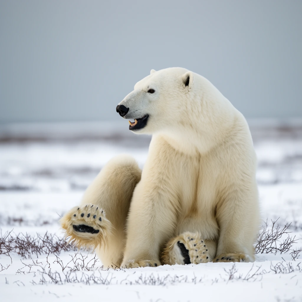 A polar bear sits on a snowy tundra looking left with its mouth open. Its thick off-white fur contrasts softly against the bright snow and overcast grey sky. One hind leg is raised exposing the dark pads of its large paw. Sparse brown twigs poke through the snow around the bear. Shot in a wildlife photography style with a shallow depth of field blurring the flat horizon to emphasize the bear's relaxed posture and natural environment.