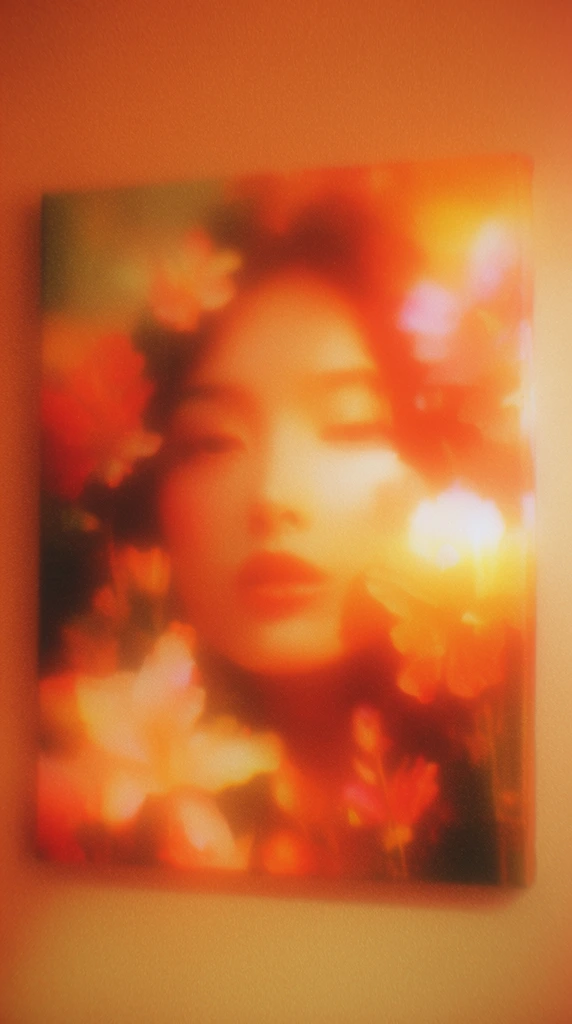 A canvas on a wall displaying a woman's face surrounded by floral shapes, rendered in an intensely warm, heavily diffused photographic style. The entire scene is drenched in a fiery, luminous color palette of glowing oranges, vibrant yellows, and deep reds. Extreme soft focus and pronounced lens blur dissolve the sharp boundaries between the canvas, the surrounding wall, the facial features, and the botanical elements, merging them into fluid, radiant shapes. An overwhelming halation effect and intense light leaks create a hazy, ethereal atmosphere, while a thick, coarse film grain adds dense texture across the entire composition. The deeply saturated hues, abstract blooming highlights, and soft gradients produce a distinctly vintage, dreamlike aesthetic characteristic of overexposed psychedelic film photography.