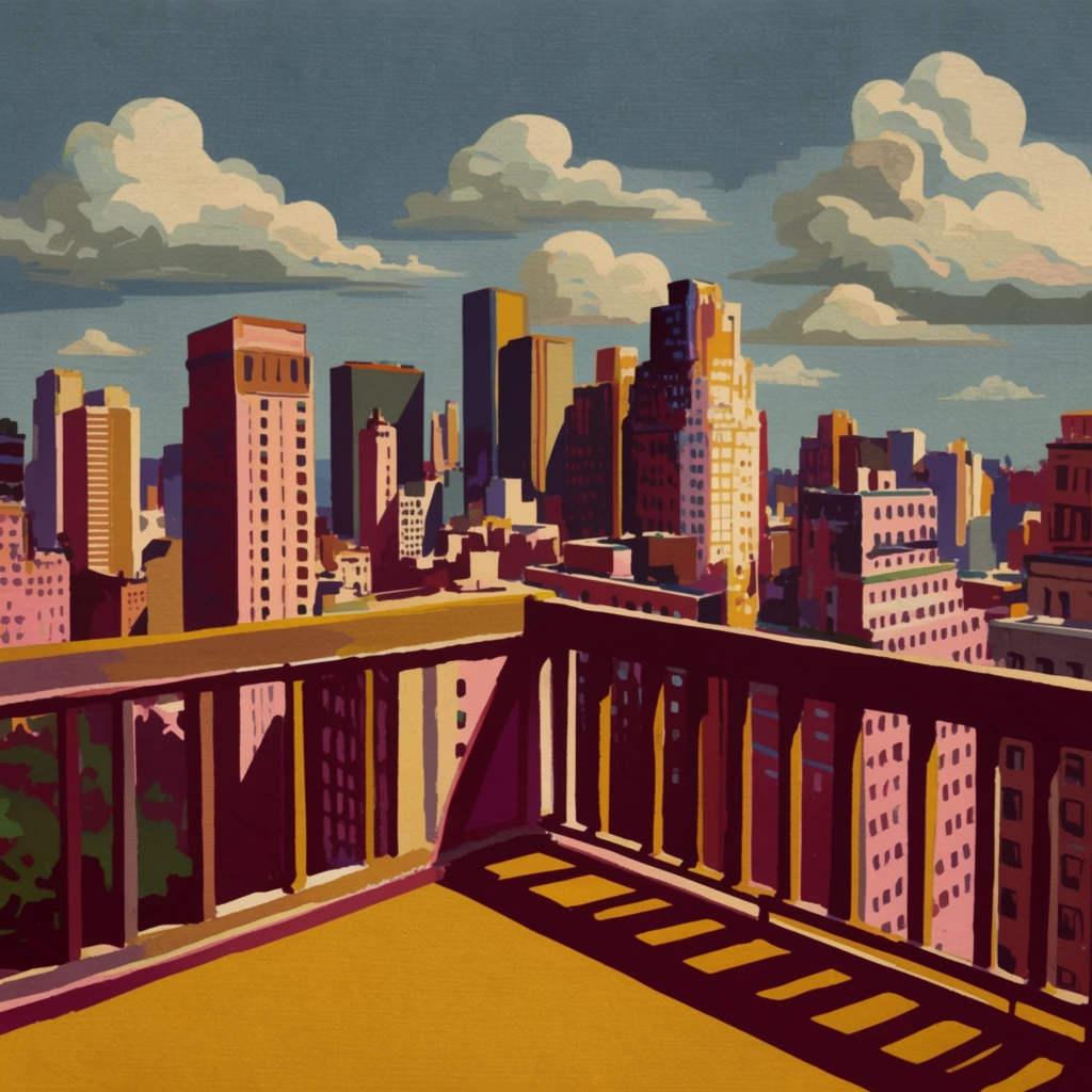 A balcony overlooking a sprawling city landscape rendered in the style of a mid-20th-century vintage lithograph and WPA poster art. The foreground features a structured balcony railing casting sharp, graphic, deep maroon shadows across a solid, golden-yellow floor. Beyond the balcony, a dense cityscape of geometric skyscrapers rises, constructed from simplified, color-blocked forms and bold shapes. Strong, directional sunlight illuminates the architectural facades, creating high-contrast, hard-edged shadows in dusty pinks, warm ochres, and dark purples. The background sky is a flat, muted slate blue containing highly stylized, puffy cumulus clouds with distinct, stepped shading layers. The entire scene exhibits a visible woven canvas texture, a matte finish, and a gouache posterization effect, utilizing large areas of saturated, retro colors with abrupt color transitions and stark, flat shading.