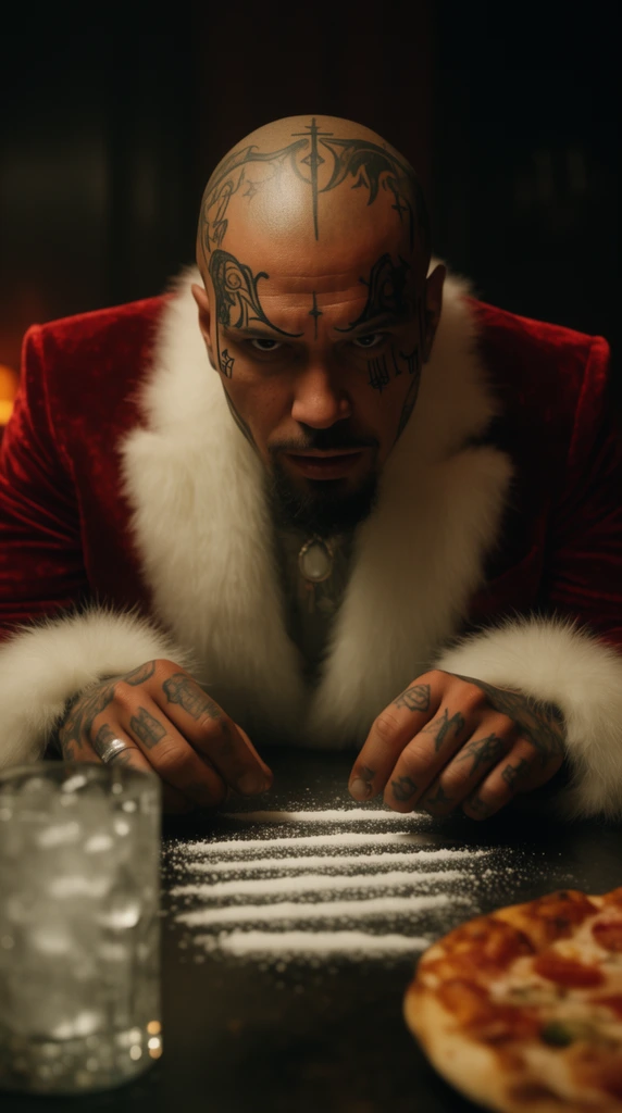A bald man with black facial tattoos and a goatee wears a red velvet suit with white fur trim. He leans over a dark table, staring intensely at lines of white powder. A blurred glass of ice and a pizza slice sit in the foreground. The cinematic scene features dark, warm-toned lighting.