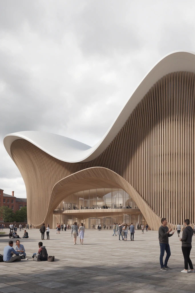 A contemporary architectural rendering featuring a monumental building with an undulating facade of vertical wooden slats. A sweeping, wave-like white roof curves dramatically upward, sheltering a recessed multi-level glass entrance beneath a swooping wooden overhang. The structure anchors a vast paved plaza populated by scattered groups of people walking, conversing, and sitting on the ground. Diffuse daylight from an overcast sky illuminates the scene. Older red brick buildings and trees flank the left side, contrasting with the central modern organic architecture captured from a wide eye-level perspective.