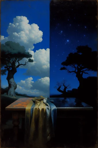 Celestial Surrealist Vision style reference image — classical oil painting texture