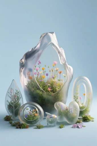 Translucent Biophilic Glassmorphism style reference image — botanical terrarium
