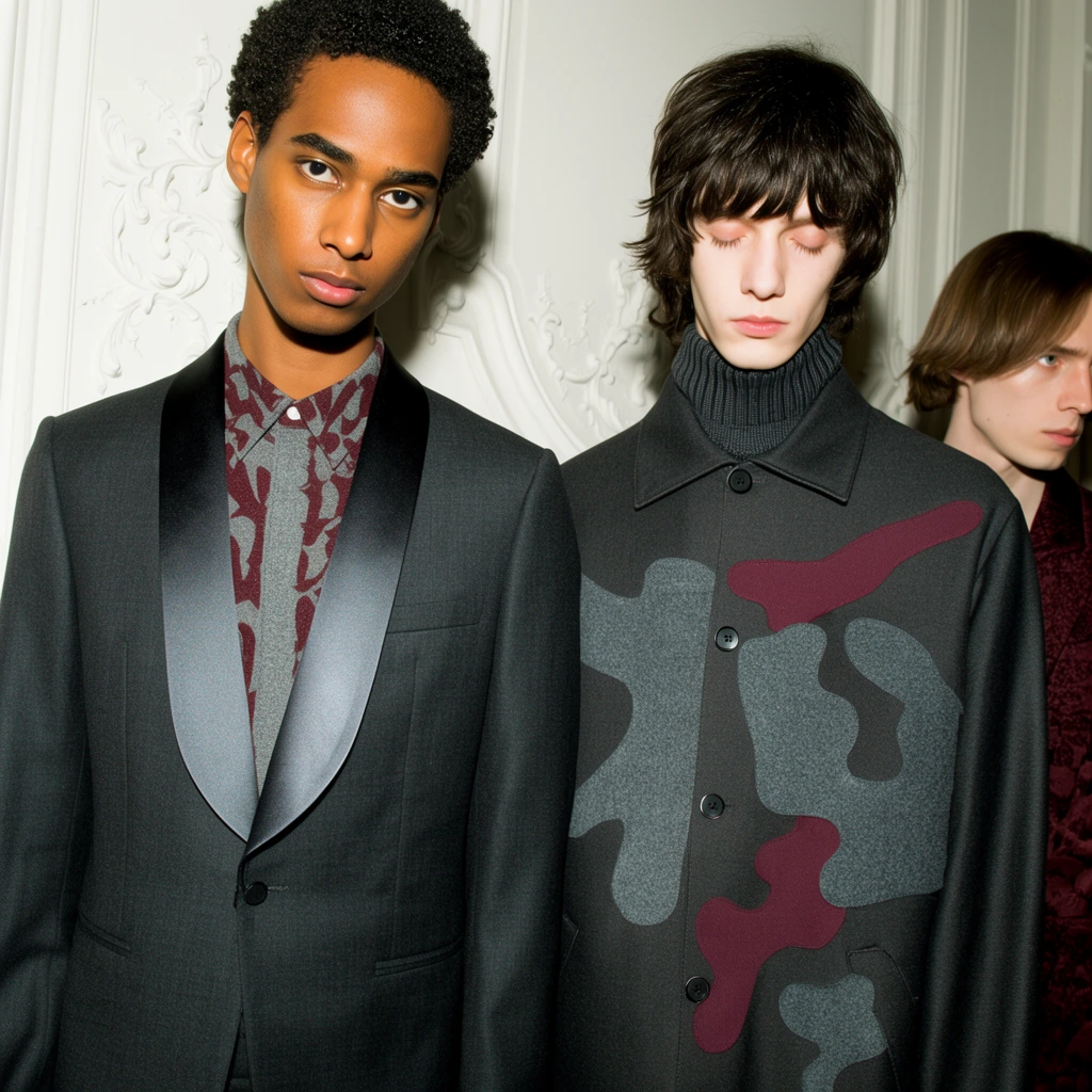 Two young men stand tightly framed against a white wall decorated with ornate raised plaster molding, illuminated by harsh, direct flash lighting. The man on the left has dark skin and short curly hair, gazing intensely at the camera while wearing a charcoal suit jacket with wide satin shawl lapels over a grey and maroon patterned shirt. The man on the right has pale skin, closed eyes, and shaggy dark hair, dressed in a dark grey button-up jacket featuring large abstract grey and maroon organic shapes layered over a ribbed turtleneck. Behind them, another pale-skinned man with chin-length hair looks sideways, wearing a textured burgundy garment. Sharp shadows fall on the classic wall paneling, emphasizing the structured menswear and rich fabrics.