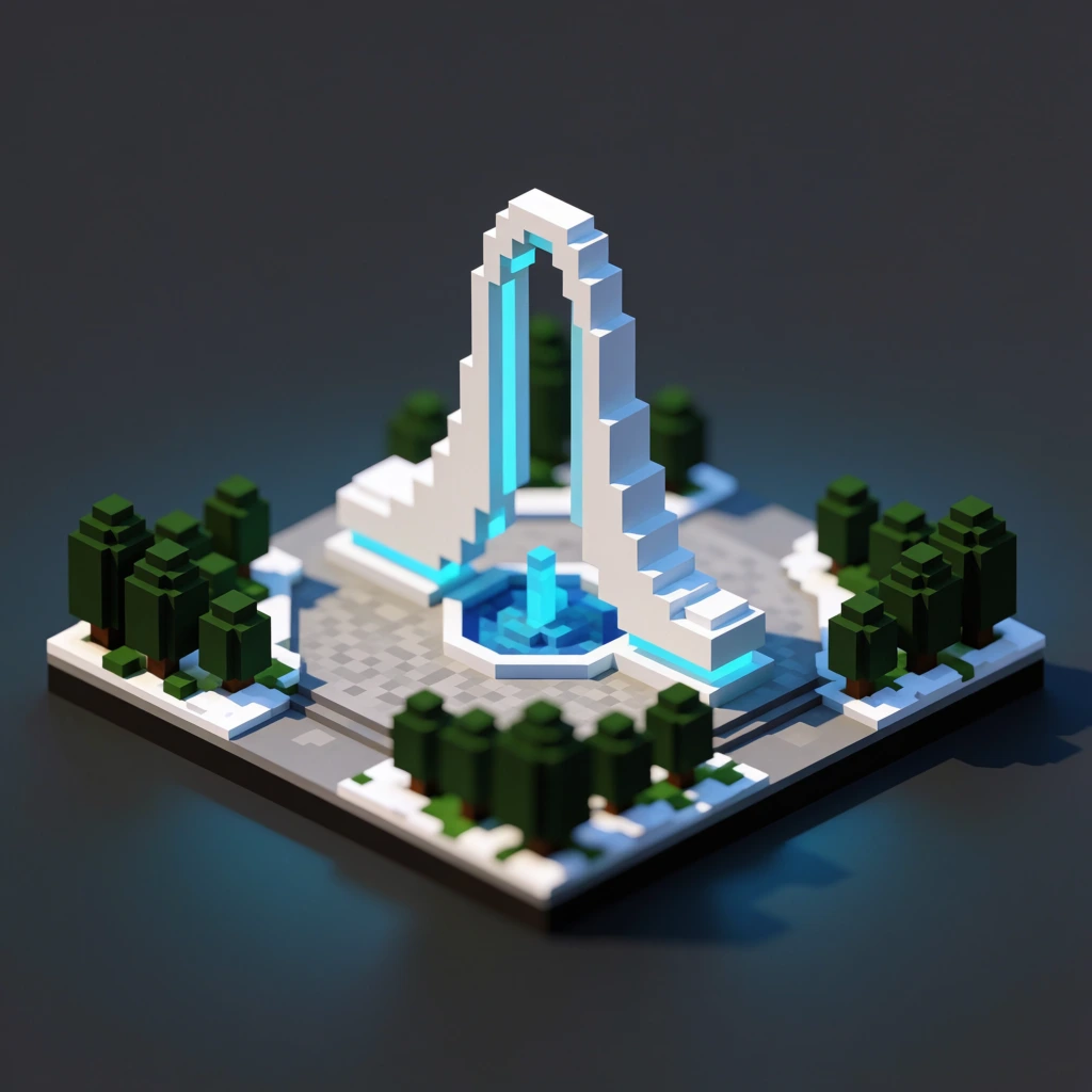 Isometric voxel diorama of a white monument featuring a central parabolic arch and glowing cyan accents. The blocky structure rests on a grey plaza with a circular blue fountain, surrounded by dark green blocky trees and snow patches. Isolated on a dark grey gradient background, a shallow depth of field creates a miniature tilt-shift aesthetic.