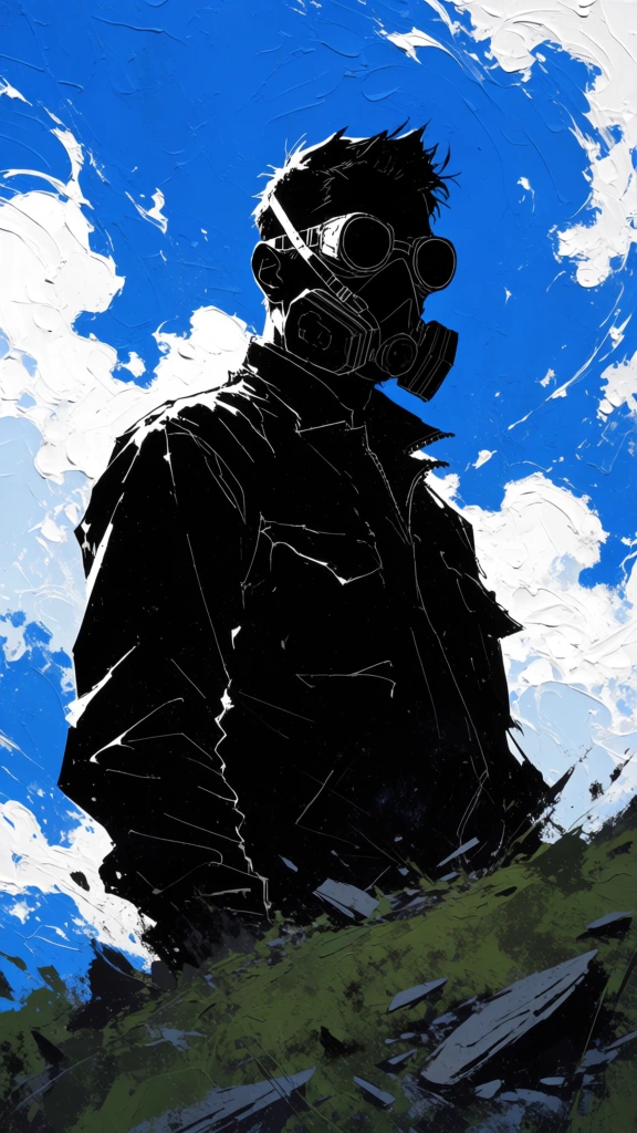 low-angle graphic illustration of a man in industrial goggles and a respirator rendered as a dense pitch-black silhouette, sharp jagged ink-like linework defining the form through minimal white rim lighting, figure standing atop a painterly green hillside with scattered grey shale, background of a brilliant saturated cerulean sky with thick impasto-style white clouds, high-contrast digital paint aesthetic, aggressive cel-shading, visceral expressionist brushwork, ominous tone.