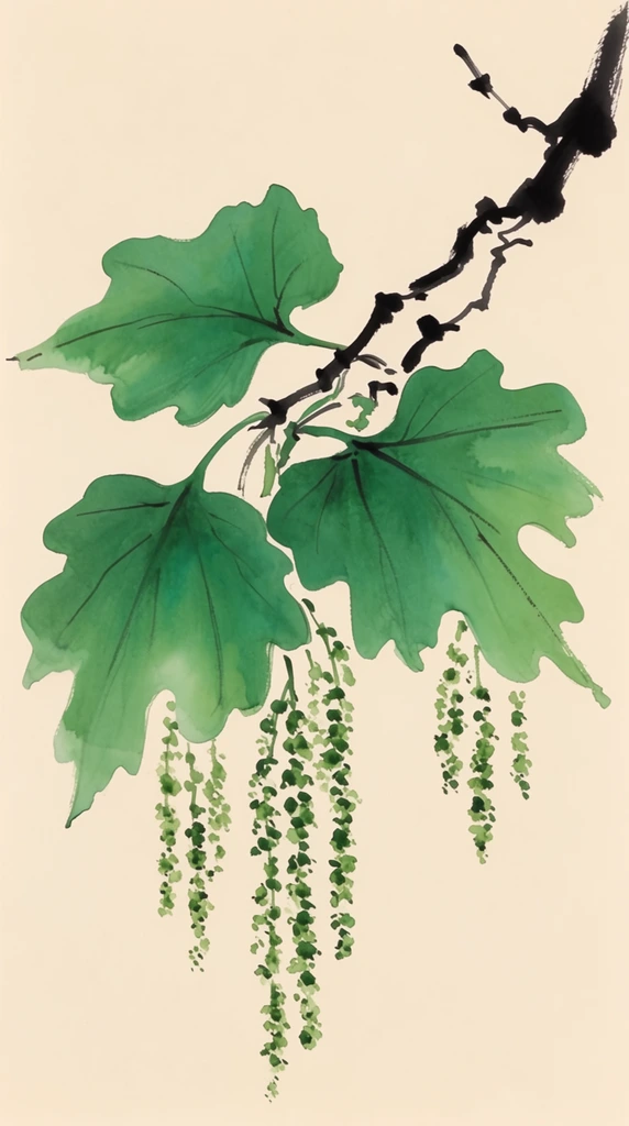 A traditional ink and wash painting depicts a single gnarled branch with three large, lobed green leaves and drooping clusters of delicate green catkins. The thick branch extends diagonally from the upper right, rendered with bold, jagged black ink strokes. Three broad leaves dominate the center, painted with fluid, translucent washes of vibrant emerald and moss green. The leaves feature distinct wavy margins and fine internal vein lines. Hanging below the foliage are multiple strings of small, clustered green buds, executed with rapid, dotted brushwork. Set against a minimalist solid pale cream background, the botanical composition employs a dynamic asymmetrical balance, flat perspective, and varying line weight to create an elegant, nature-focused vignette.