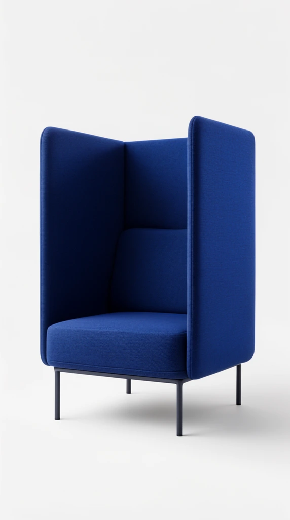 Contemporary high-backed privacy armchair, deep cobalt blue woven fabric upholstery, thick padded seat, tall wrap-around side panels forming an enclosed alcove, slender dark metal legs, seamless white studio background, soft drop shadow, minimalist product photography