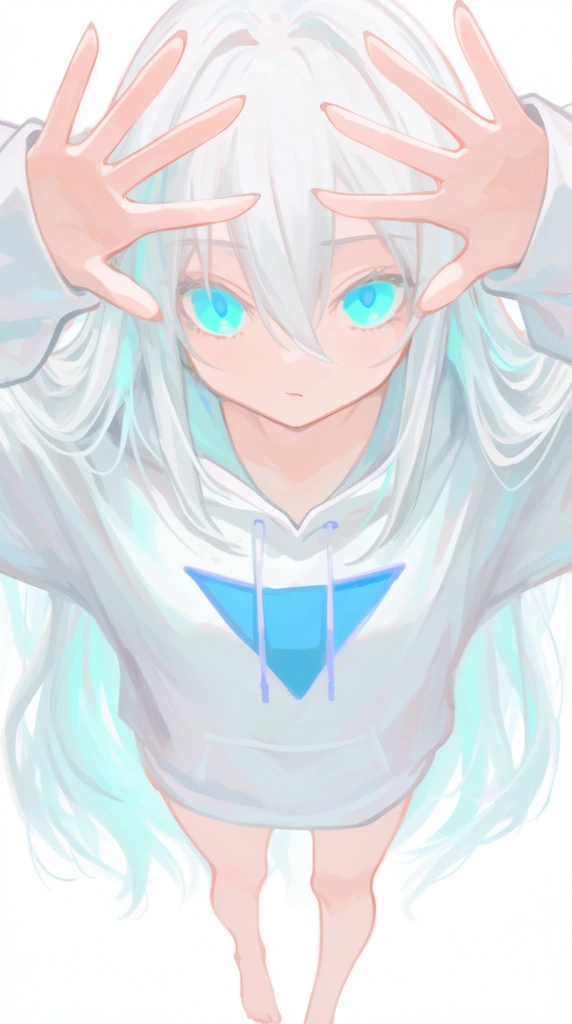 anime illustration of a young woman, long flowing white hair with pale cyan undertones, bright glowing cyan eyes, extreme high-angle perspective, top-down view, heavy foreshortening, hands raised with fingers spread framing her face, oversized white hoodie with a blue triangle design, bare legs, simple white background, soft pastel color palette, digital painting