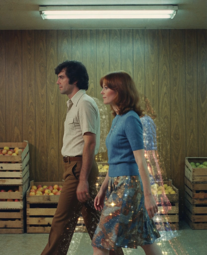 lo-fi vhs archival still, 70s-era man and woman in muted casual attire walking past rows of stacked slatted wooden fruit crates, backdrop of vertical 1970s wood-grain laminate wall paneling, flat eye-level perspective, desaturated avocado and sepia color palette, heavy analog grain and tracking noise, diffuse shimmering star-burst glitter effect trailing the figures, harsh industrial fluorescent lighting, nostalgic liminal atmosphere, low-resolution analog video aesthetic.