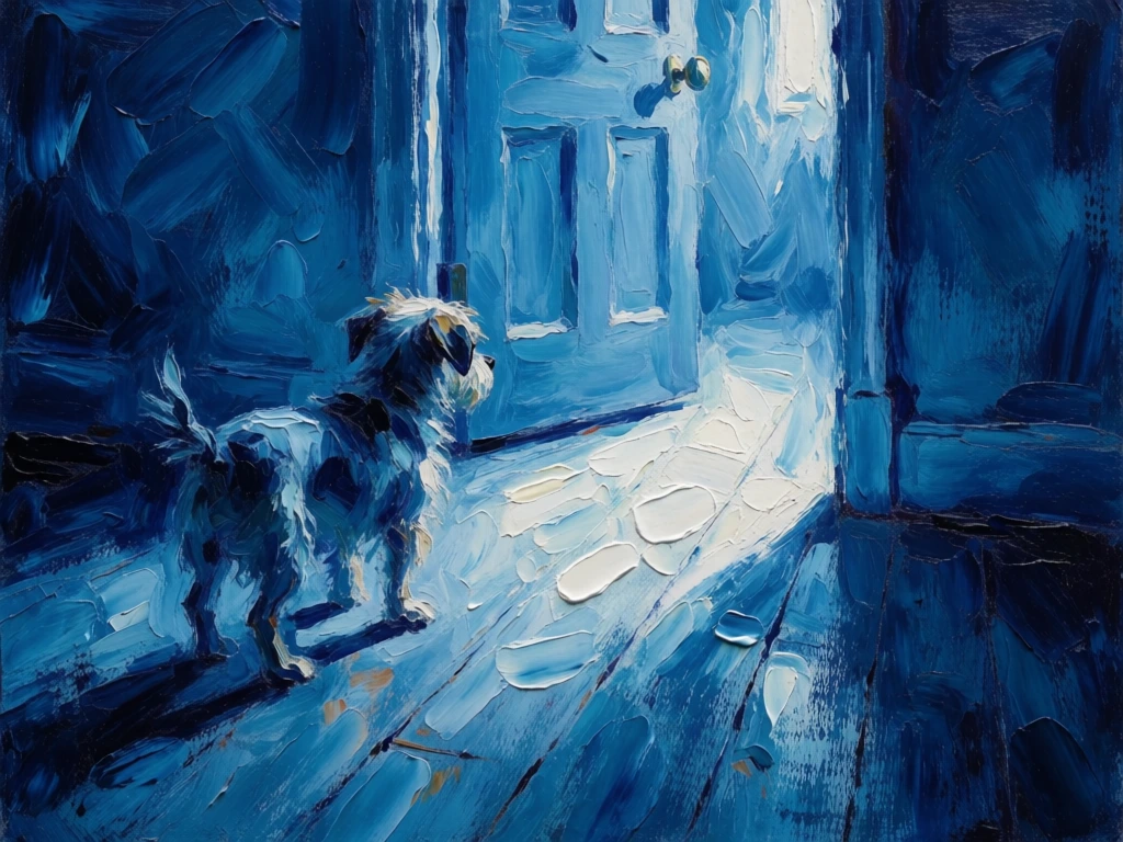 painterly expressionistic style, thick impasto brushstrokes, monochromatic blue color palette ranging from deep navy to icy whites, scruffy dog standing on a rustic wooden floor, facing an open doorway, moody low-key lighting, heavy texture, quiet somber atmosphere, intimate composition, visible broad brushwork, cool tones throughout, brilliant light spilling from the doorway onto textured planks, expressive gestural marks, high contrast chiaroscuro in blue.