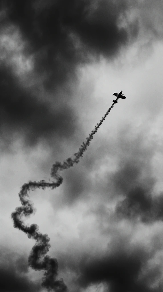 stark black and white photography of a small stunt plane ascending into a dramatic overcast sky, dark silhouette of a single-engine aircraft in the upper right, long twisting trail of thick smoke spiraling diagonally towards the bottom left, heavily textured dark clouds forming a moody atmospheric backdrop, high contrast monochrome, wide upward angle, fine film grain, minimalist composition emphasizing the curling smoke pattern against the vastness of the clouds