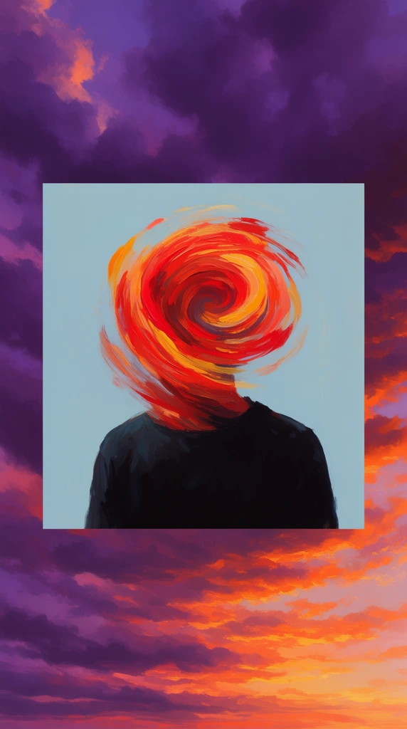 A figure in a dark shirt against a pale blue backdrop features a head obscured by a swirling vortex of thick red, orange, and yellow painterly brushstrokes. This central square composition is framed by dramatic purple and fiery orange sunset clouds.