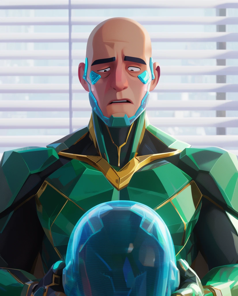 A bald man with cyan cybernetic facial implants wears an emerald green and gold geometric armored suit. He holds a holographic helmet, displaying an exhausted expression. He stands against a bright window with white horizontal blinds. Rendered in a 3D stylized comic-book aesthetic with visible halftone shadow patterns, soft volumetric daylight, and a cinematic medium close-up.
