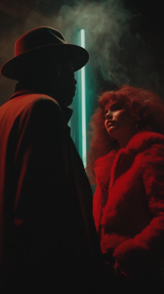 cinematic low angle shot of two figures in a dark setting, silhouette of a man wearing a fedora and overcoat on the left, woman with voluminous reddish hair and a bright red fuzzy jacket on the right, glowing vertical teal neon light in the background, drifting atmospheric smoke, deep dramatic chiaroscuro shadows, neo-noir lighting, high contrast red and teal color palette, gritty 35mm film grain