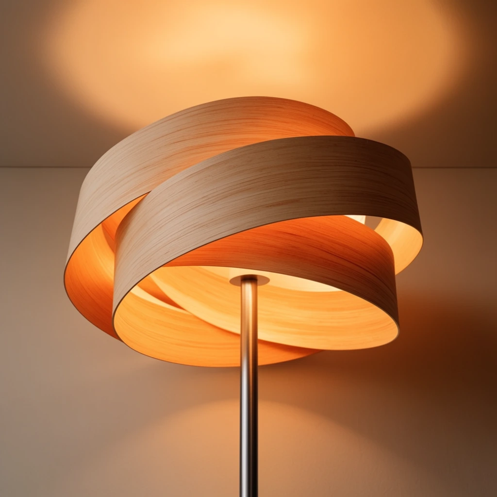modern sculptural lamp, spiraling wood veneer lampshade, overlapping curved strips of thin light wood forming a continuous ribbon, glowing warm orange internal illumination, sleek brushed metal central pole, light escaping through gaps between wood layers, diffuse circular glow cast on a plain beige wall and ceiling, low angle perspective, warm ambient lighting, minimalist interior photography