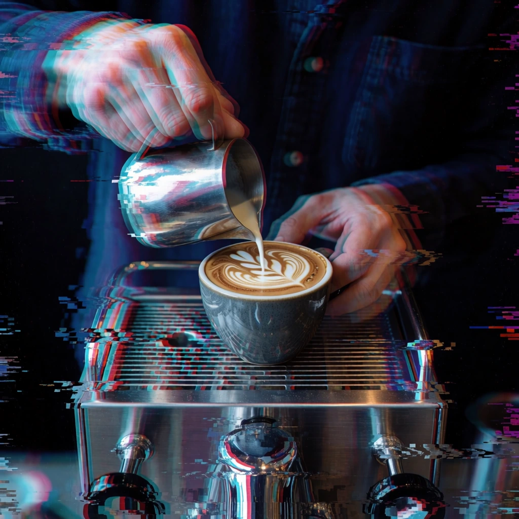 ultra-high contrast composition of a person's hand pouring liquid from a metal pitcher into a ceramic cup with leaf-patterned latte art atop a brushed metal espresso machine, centered against a void-like black background, aggressive digital glitch aesthetic featuring horizontal pixel sorting and datamoshed speed streaks, chromatic aberration with cyan and indigo fringing, ghosted multiple exposures of the pour, blocky pixelation transitions, blurry distorted foreground reflections.