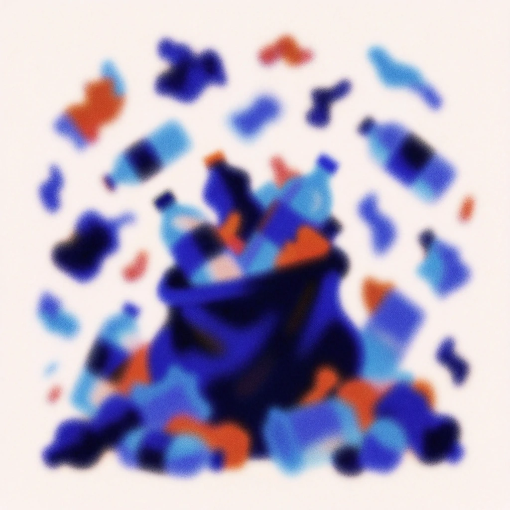 a central silhouette of a large tote bag overflowing with recyclable bottles and containers, framed by a cloud of floating fragmented debris, rendered as amorphous organic forms with extreme gaussian blur and no hard edges, saturated in a palette of deep indigo, cerulean, and burnt terracotta, heavy high-density monochromatic film grain, soft-focus stippled gradients, ethereal diffusion, low-detail tonal blocks against a luminous off-white atmospheric background