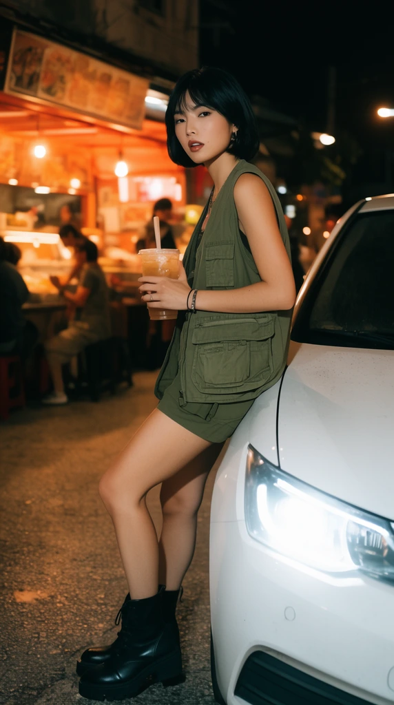A woman with short black hair leans against a white car on a night street, wearing an olive green utility vest, shorts, and black boots. She holds an iced beverage. A bright white headlight highlights the foreground, contrasting against a softly blurred, warm orange-lit outdoor food stall and patrons behind her.
