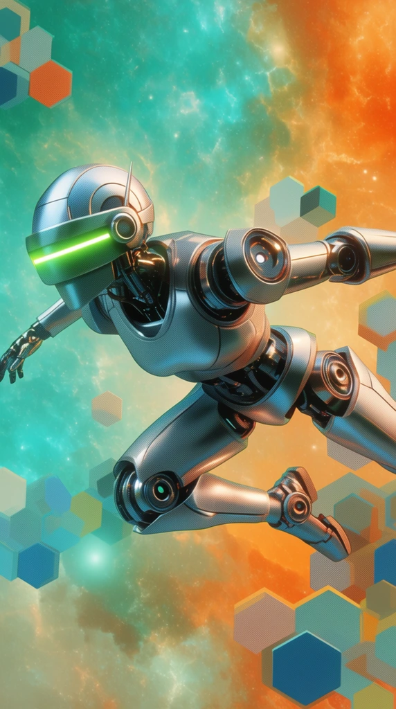 silver robotic android leaping horizontally, glowing neon-green visor, floating geometric hexagons, vibrant teal and orange nebula, stylized 3D, halftone shading