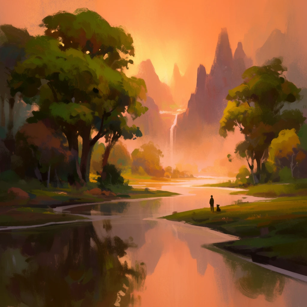 A serene painterly landscape features a calm river winding towards jagged distant mountains beneath a vibrant glowing orange sky. On the grassy right bank, a tiny silhouetted figure stands beside a small companion, gazing toward the horizon. Towering trees with thick canopies of rich green and earthy foliage frame both sides of the meandering water, their dark shapes mirroring perfectly on the tranquil surface. In the background, sheer rock spires rise through thick atmospheric haze, divided by a thin cascading waterfall catching the ambient light. Rendered in a loose, expressive digital painting style with highly textured brushstrokes, the composition utilizes dramatic backlighting, profound atmospheric depth, and a vivid color palette of peach, goldenrod, amber, and deep shadow tones.