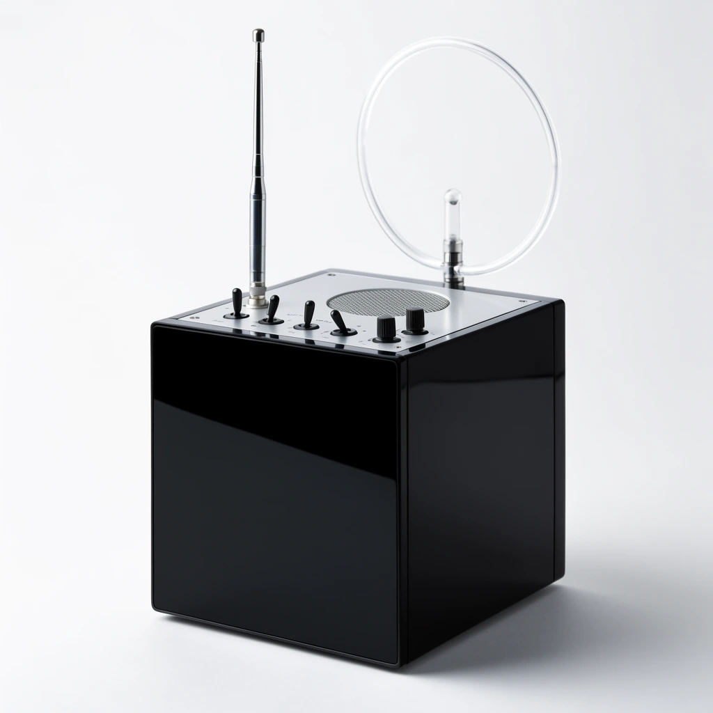 A glossy black cubic electronic device sits against a pristine white studio backdrop. The highly reflective dark front contrasts with a sleek silver top panel equipped with precise black toggle switches, small rotary dials, and a recessed circular speaker grille. A slender silver telescopic antenna extends vertically on the left, next to a transparent circular loop antenna standing upright at the rear. Soft, diffused product photography lighting highlights the sharp geometric lines and casts a subtle shadow to the right.