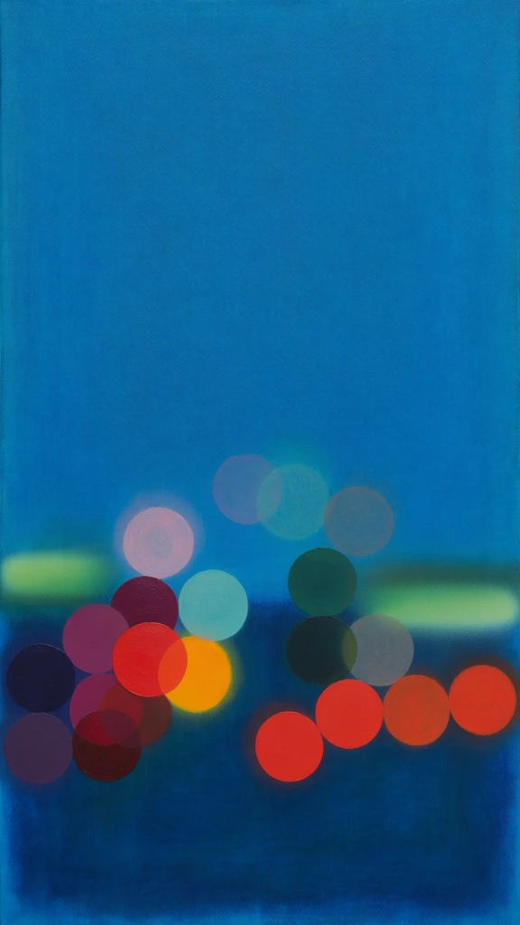 A minimalist abstract painting features a collection of multicolored circles concentrated in the lower third of the canvas against a dual-toned blue background. The upper two-thirds of the image consist of a vibrant, solid cerulean blue with a visible fine, cross-hatched canvas texture. Below this, a darker navy blue section occupies the bottom third, separated by a soft, slightly blurred horizontal transition. Clustered along and above this dividing line are numerous circular shapes in various sizes, colors, and levels of opacity. On the left side, a tight group includes deep purple, magenta, and dark crimson circles, while a bright red circle overlaps with a vibrant yellow-orange one nearby. To the right, four vivid orange-red circles are arranged in a loose horizontal line. Scattered above these more opaque elements are several faint, translucent circles in shades of pale pink, light teal, dark green, and muted grey. Two horizontal, blurry green smears are also present, one on the far left and a longer one on the right, creating a sense of motion or bokeh-like light effects. The composition is flat and heavily weighted at the bottom, using a palette dominated by cool blues punctuated by warm reds, oranges, and soft greens. The technique contrasts sharp, solid applications of paint with soft, blended, and semi-transparent layers.