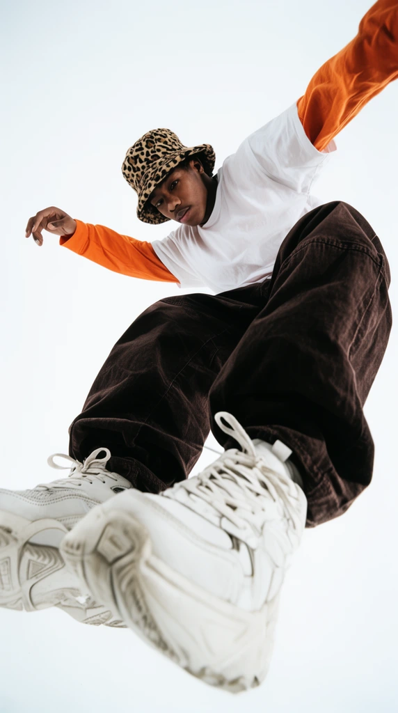 A breakdancer frozen mid-air in an inverted pose against a stark white background. The kinetic figure wears a leopard-print bucket hat, an orange long-sleeve shirt layered under a white t-shirt, baggy dark brown trousers, and chunky white sneakers. Photographed from a dramatic low angle using a wide-angle lens, the composition features extreme foreshortening that thrusts the dancer's legs and shoes forcefully toward the camera in sharp focus and high-contrast streetwear style.