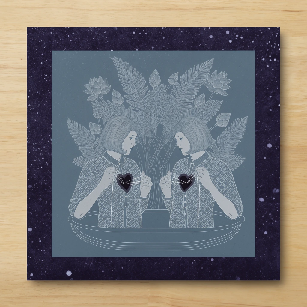 A square art print rests flat on a light wood surface, casting a subtle drop shadow. The print features a dark, textured indigo border speckled with white dots framing a slate blue inner window. Inside, a surreal fine-line illustration depicts two mirrored women with bobbed hair facing each other. Wearing geometric-patterned shirts, they manipulate thin threads connecting to dark, heart-shaped cavities in their chests. Intricate botanical line art of lush ferns and lotus buds flourishes behind them as they stand in a stylized curved basin. The top-down flat lay composition uses diffused lighting to highlight the precise white linework against the muted background, contrasting sharply with the dark framing and the warm wooden tabletop.