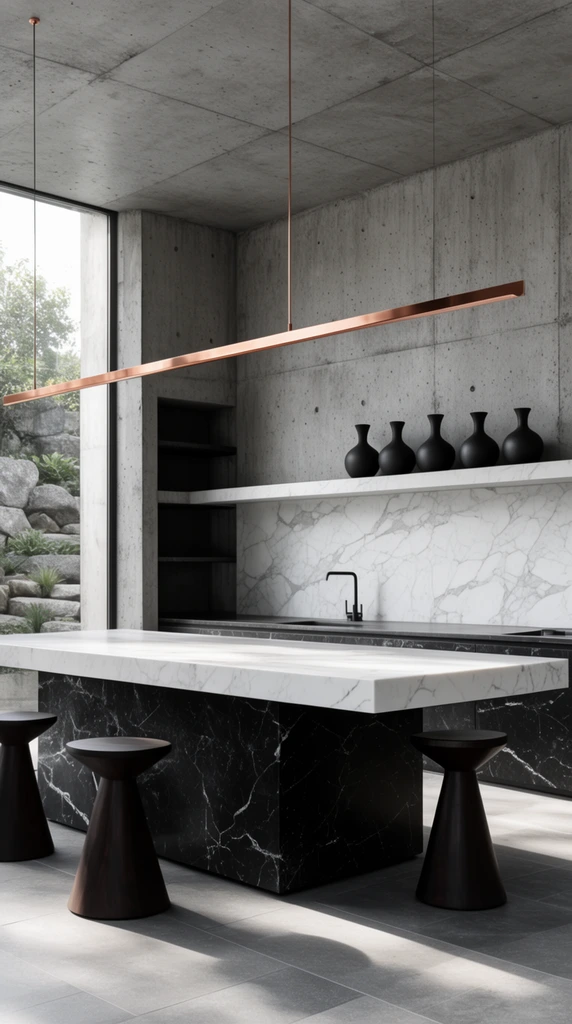 luxurious brutalist kitchen interior, black veined marble island base, thick cantilevered white marble countertop, three dark hourglass-shaped stools, ultra-thin copper linear pendant light, raw concrete walls, white marble backsplash, floating shelf with five matte black vessels, recessed dark shelving, left window revealing a stone garden, natural daylight casting soft shadows on grey floor tiles, architectural photography, monochromatic palette, warm metallic accents