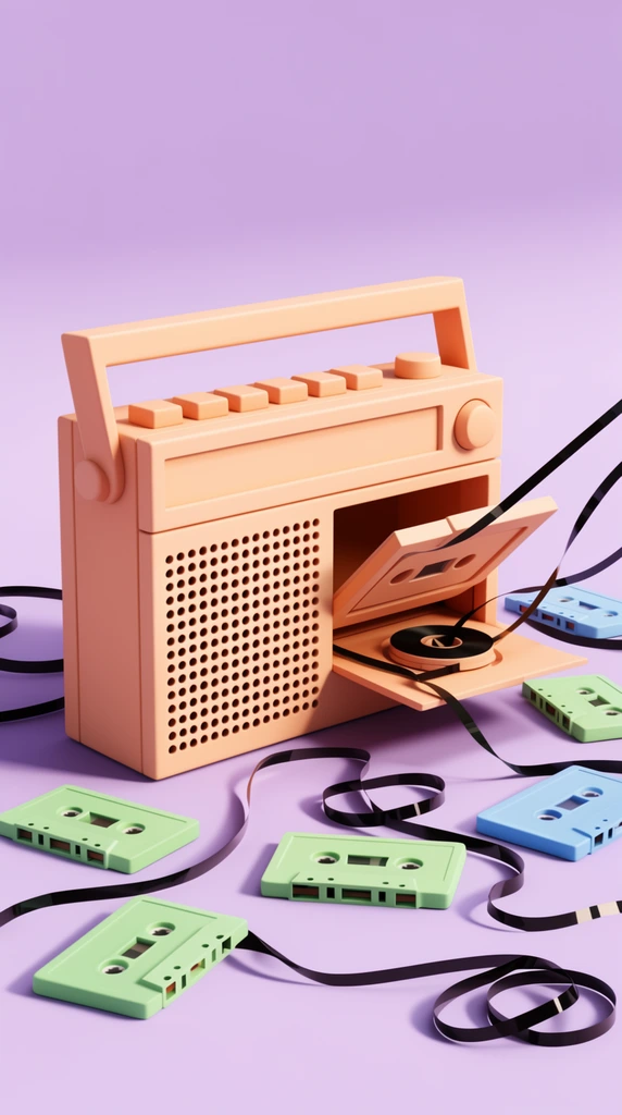 A stylized 3D render of a peach minimalist boombox with an open deck, surrounded by scattered pastel green and blue cassette tapes. Unspooled black magnetic tape loops dynamically through the air and across the surface. The retro stereo features a geometric handle, perforated grill, and chunky buttons. Set against a seamless matte lavender backdrop, the scene is lit with soft directional light casting sharp shadows, emphasizing smooth textures and a playful pastel palette.