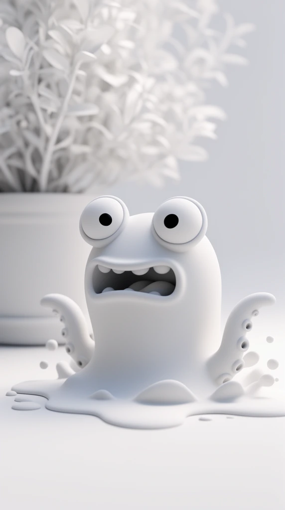 A monochrome matte white 3D render of a cartoon blob creature emerging from a liquid puddle. It features bulging eyes, an open mouth, and small tentacles. Soft lighting and shallow depth of field blur a white potted plant behind it.
