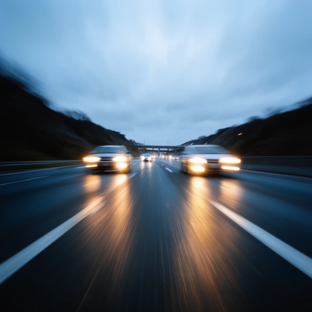 Intense zoom motion blur on a multi-lane highway, oncoming cars with glaring warm yellow headlights, glowing reflections streaking on dark asphalt, blurred white lane markings, dark silhouetted hills framing the road, distant highway overpass, overcast sky, cool blue ambient palette contrasting with warm lights, long exposure photography, extreme forward speed, dynamic symmetrical composition