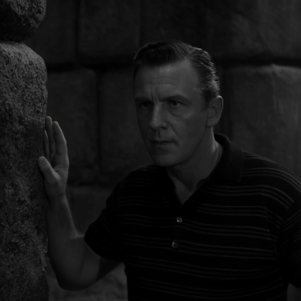 A middle-aged man with slicked-back hair and a dark striped polo shirt rests his hand against a rough stone pillar on the left, gazing intensely off-camera. The dimly lit background features massive, shadowed stone blocks. Captured in black and white cinematic photography with high contrast lighting and an atmospheric, moody aesthetic.