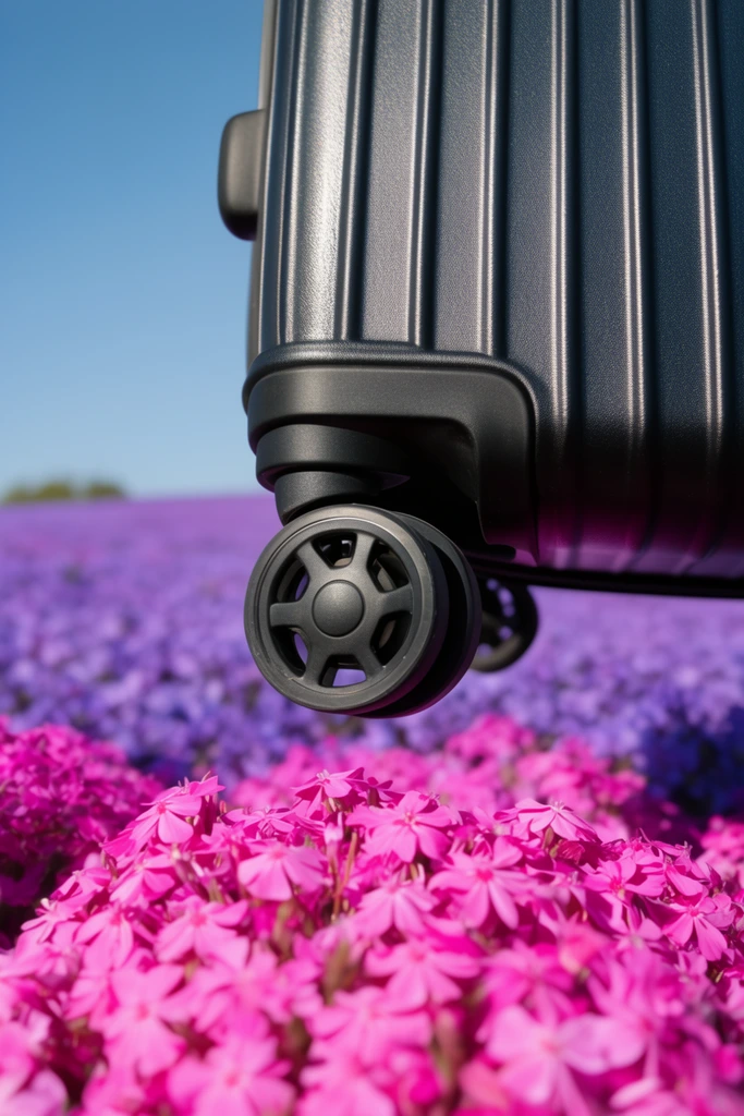 bottom corner of a grooved suitcase and spinner wheel, hovering above vibrant pink flowers, field of purple blooms, low angle, clear blue sky, macro