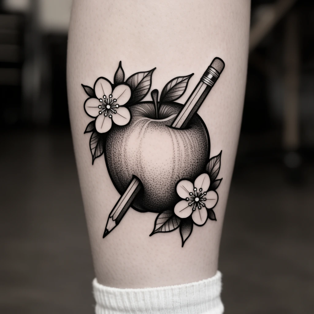 A black and grey neo-traditional tattoo on a person's calf features a plump apple pierced diagonally by a wooden pencil. The central fruit is rendered with meticulous stippling and dotwork shading to create textured, rounded volume. Two five-petaled blossoms with pointed leaves flank the apple on the upper left and lower right corners, framing the design. The artwork utilizes crisp, solid outlines and smooth whip shading typical of classic blackwork. The tattoo sits on fair skin just above a ribbed white sock, photographed closely against a softly blurred, dark studio background.