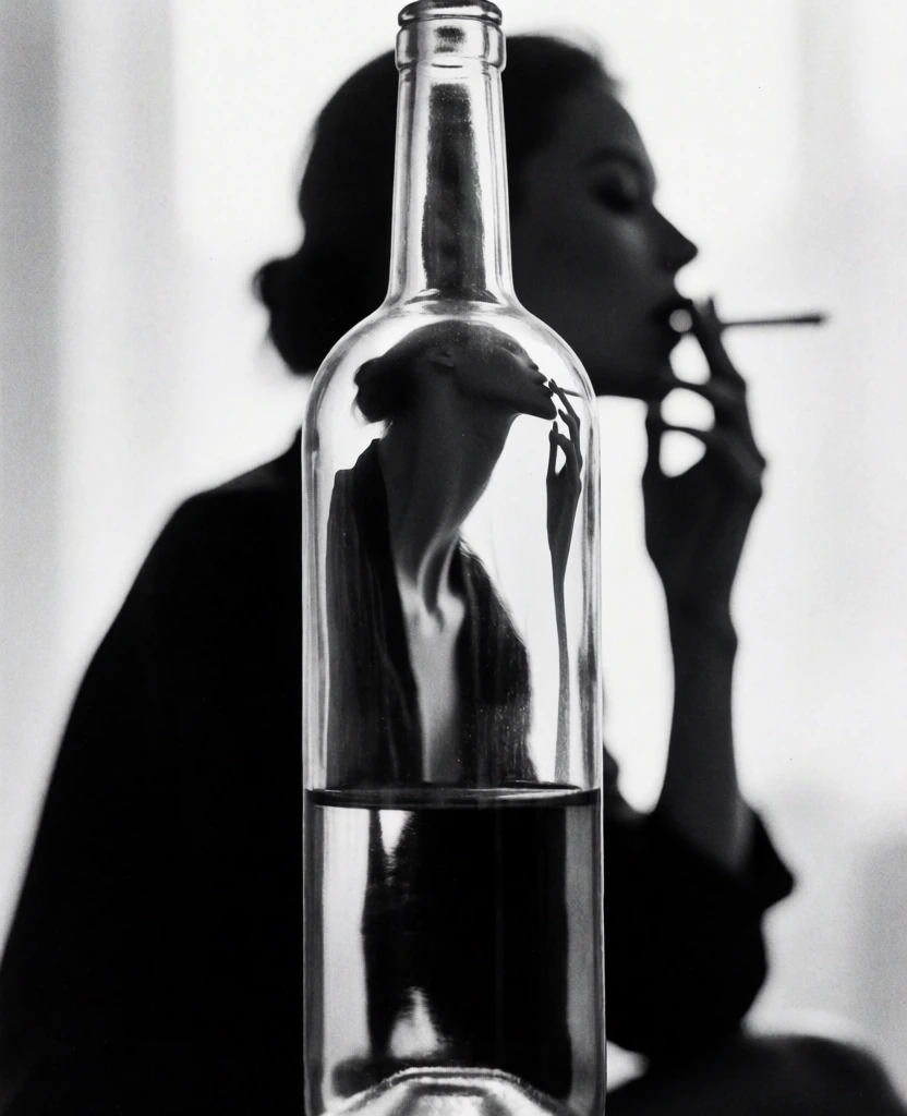 A high-contrast black and white photograph features a clear glass bottle in the foreground that refracts and distorts the silhouette of a woman smoking in the background. The vertical bottle dominates the center of the frame, its slender neck extending toward the top and its cylindrical body containing a dark liquid that fills the bottom quarter. Through the upper, empty portion of the bottle, a distorted and darkened reflection of a woman’s head and neck is visible, appearing isolated within the glass. Behind the bottle, the woman herself is captured in a soft-focus silhouette against a bright, hazy background. She is positioned in profile, facing right, with her right hand raised to her mouth holding a slim cigarette. Her form is draped in dark, indistinct clothing that contrasts sharply with the luminous background. The composition employs a shallow depth of field, keeping the glass bottle in sharper focus than the figure behind it. The lighting is intensely backlit, creating a stark monochromatic palette with deep blacks and brilliant whites, emphasizing the contours of the glass and the organic shape of the silhouette. The overall image has a grainy texture and an experimental, surrealist aesthetic, using the properties of glass and light to manipulate the human form into a series of abstract shapes.
