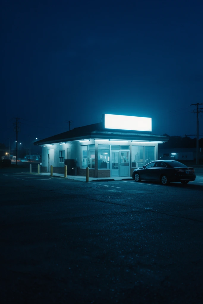 cinematic night photography of a small roadside building bathed in stark fluorescent light, large rectangular glowing roof sign, dark sedan parked near the entrance, wide empty asphalt parking lot foreground, deep blue night sky, distant utility poles, moody atmospheric ambiance, cool cyan palette, high contrast
