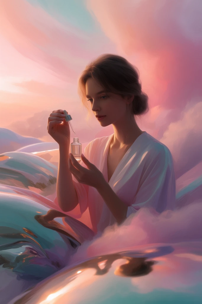 A surreal, ethereal digital painting of a woman holding a bottle with a dropper, enveloped in a luminous pastel color palette of soft peach, vibrant pink, lavender, and muted cyan. The woman is centrally framed, delicately gripping the translucent glass bottle and dropper, which catch the warm, diffused rays of low-angle sunset lighting. The surrounding environment features sweeping, voluminous, cloud-like atmospheric elements and highly glossy, mirror-like reflective surfaces that bounce the warm ambient light. The artistic execution blends hyper-detailed photorealism with smooth, fluid, painterly brushstrokes, creating a high-end digital matte painting aesthetic. Cinematic, volumetric lighting permeates the tranquil scene, establishing a dreamlike, otherworldly atmosphere rich with soft color gradients and crisp, luminous textures.