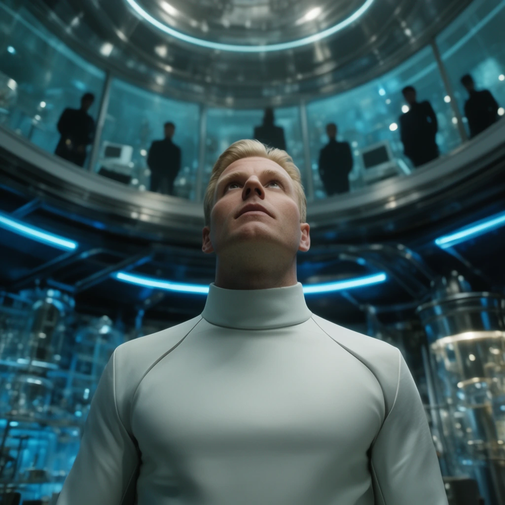 clean-shaven blonde man looking upwards, sleek white modern turtleneck, low angle perspective, brightly lit futuristic laboratory, glowing blue neon accents, overhead observation deck behind glass, shadowy figures looking down from the balcony, cinematic lighting, dramatic depth of field, sharp focus on man, metallic architectural details