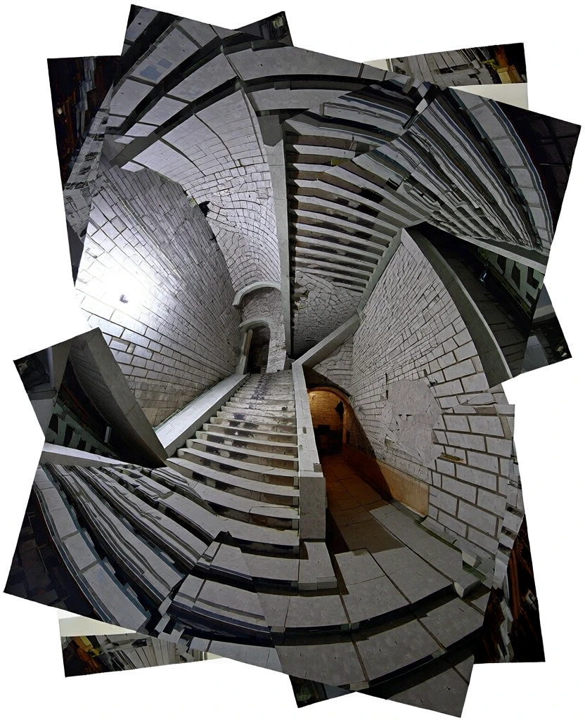 cubist joiner photography style, fragmented multi-perspective photomontage of a weathered stone staircase descending into a vaulted underground stone chamber, composed of overlapping rectangular photographic patches, warped and deconstructed architectural geometry, neutral palette of cool greys and warm earth tones, sharp high-contrast lighting casting deep shadows, visible seams between staggered frames, david hockney inspired aesthetic, surreal distorted depth, raw masonry textures.
