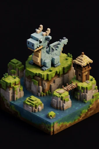 Isometric Voxel Narratives style reference image — diorama composition