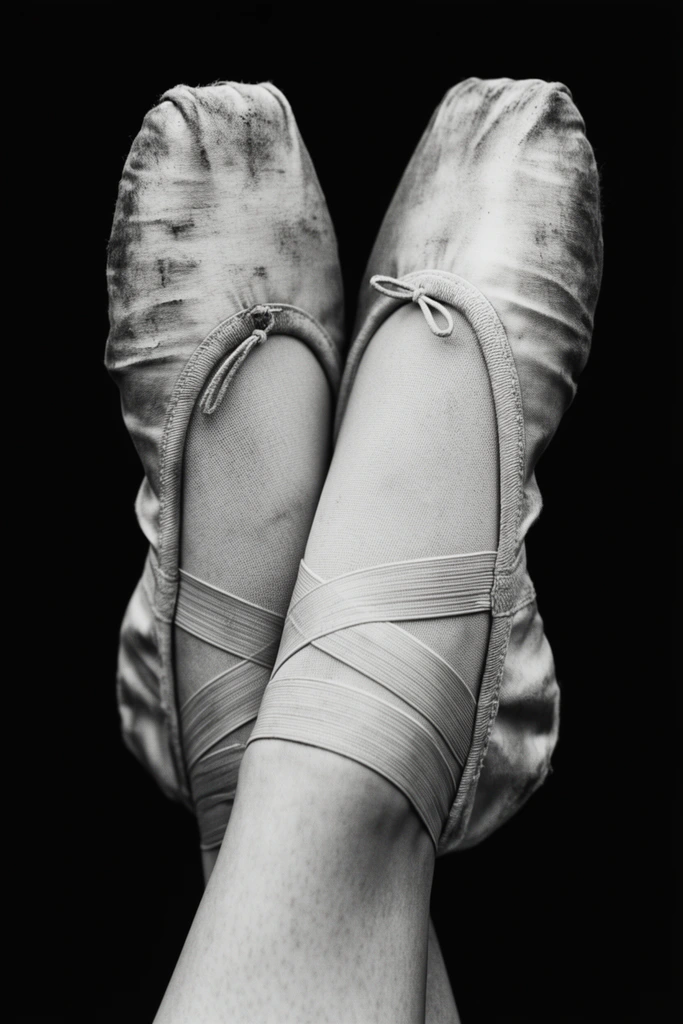close-up of crossed feet in worn ballet slippers, pointed toes, dirty scuffed canvas, crisscrossing elastic straps, black and white photography, high contrast, solid black background